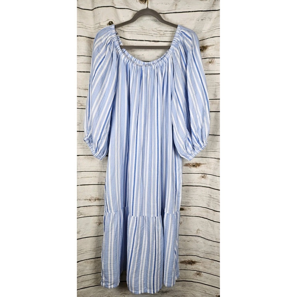 Tommy Bahama Blue Striped Island Gauze Dress XL Midi Ruffle 100% Cotton Resort